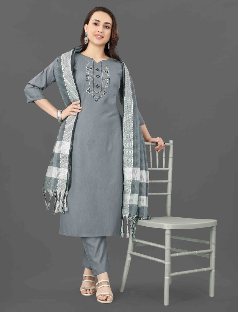 Cotton Blend Grey Kurta Set with Dupatta