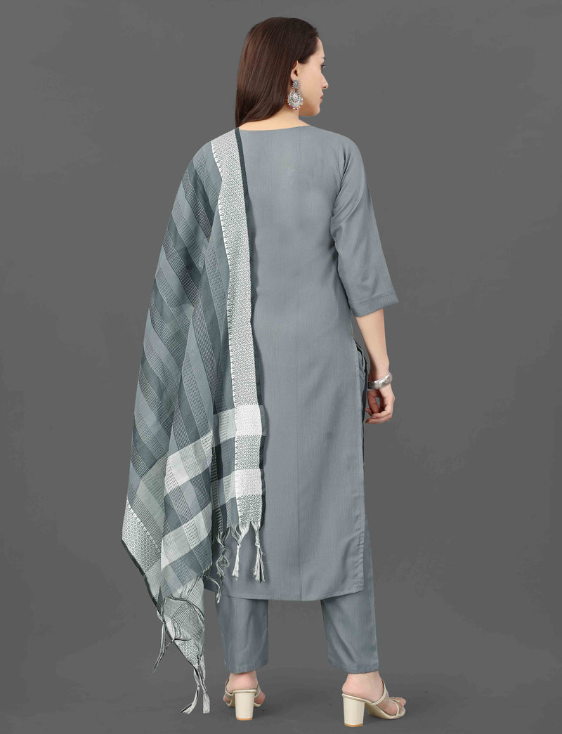 Cotton Blend Grey Kurta Set with Dupatta