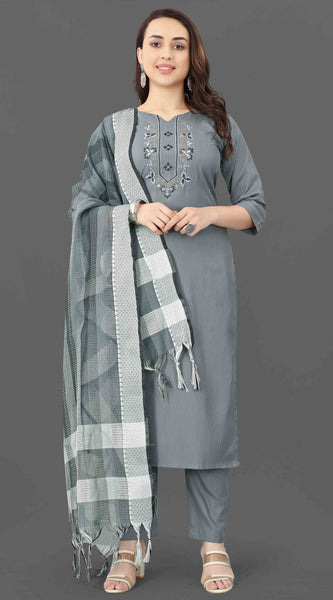 Cotton Blend Grey Kurta Set with Dupatta