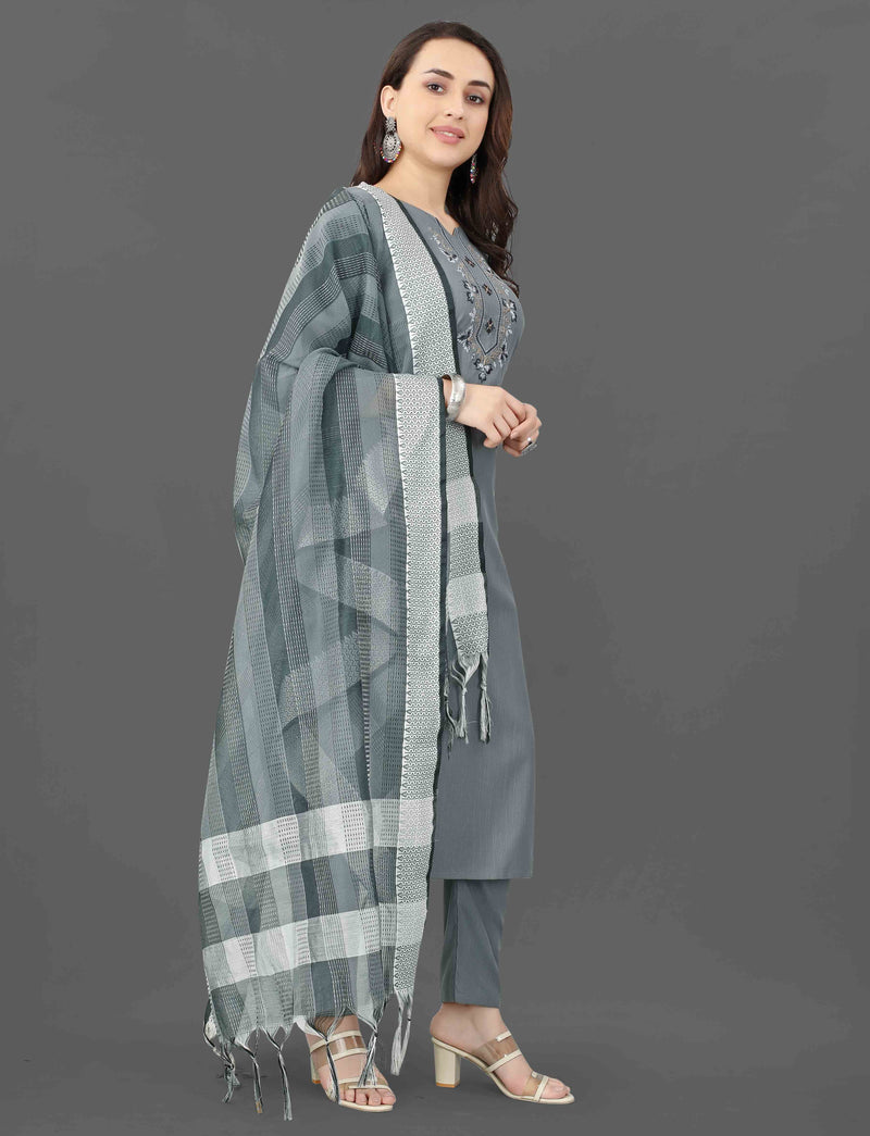 Cotton Blend Grey Kurta Set with Dupatta