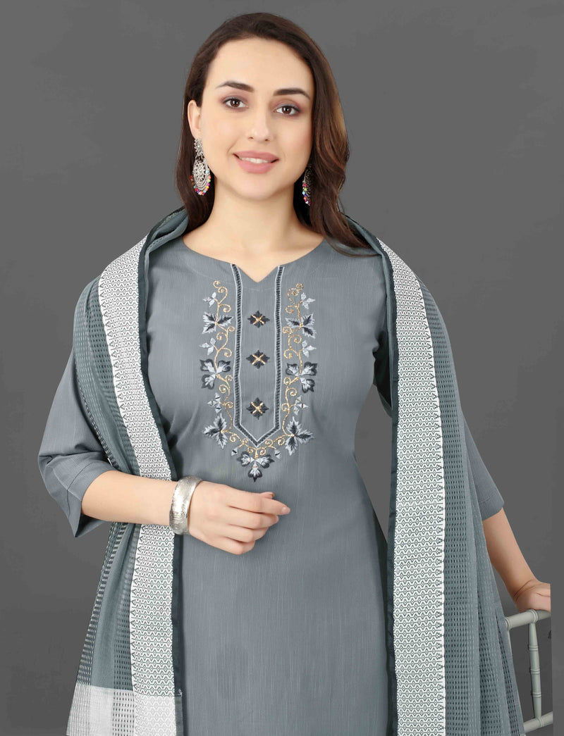 Cotton Blend Grey Kurta Set with Dupatta