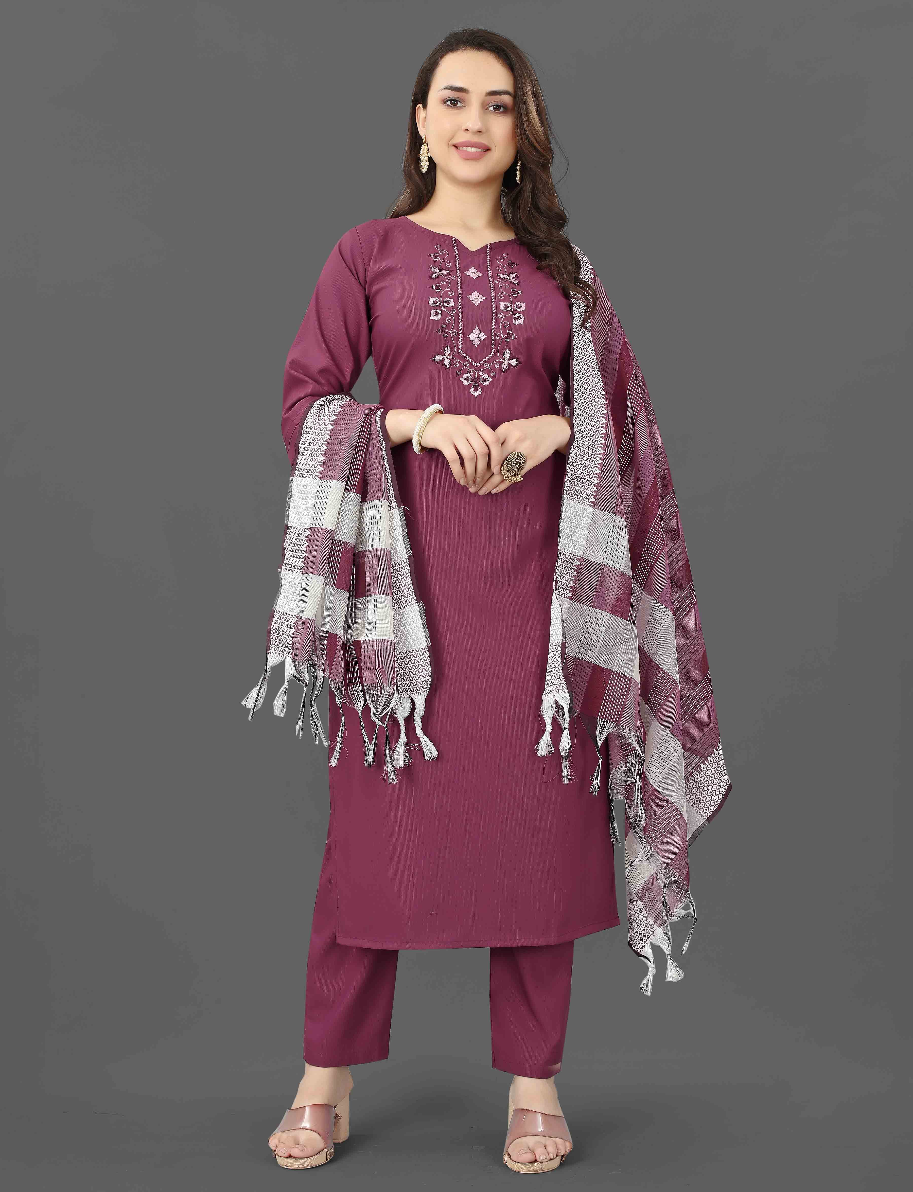 Cotton Blend Purple Kurta Set with Dupatta