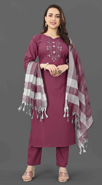 Cotton Blend Purple Kurta Set with Dupatta