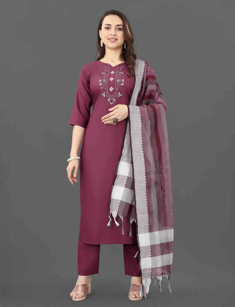 Cotton Blend Purple Kurta Set with Dupatta