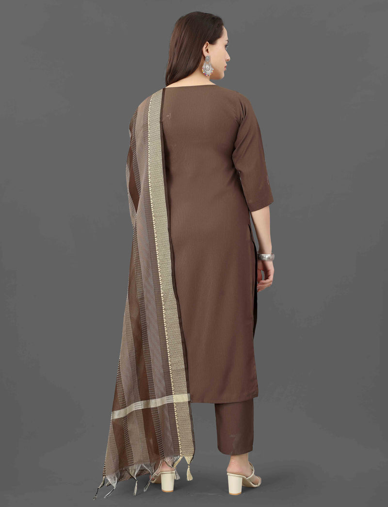 Cotton Blend Brown Kurta Set with Dupatta