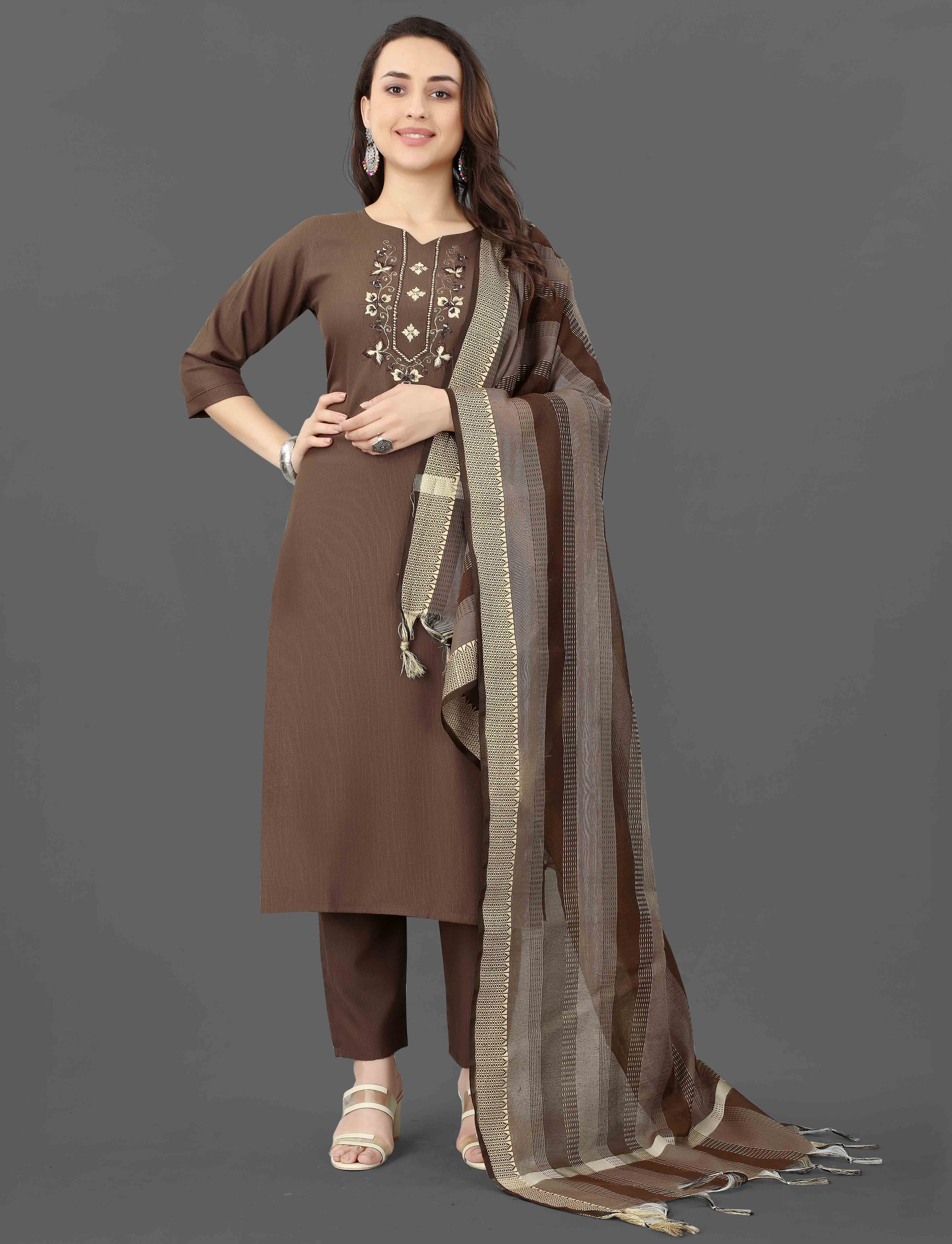 Cotton Blend Brown Kurta Set with Dupatta