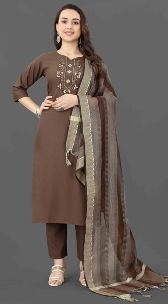 Cotton Blend Brown Kurta Set with Dupatta
