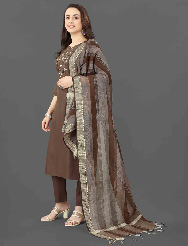 Cotton Blend Brown Kurta Set with Dupatta