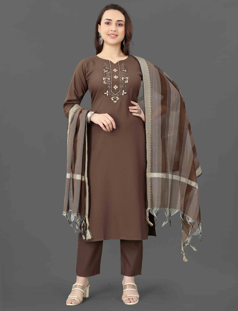 Cotton Blend Brown Kurta Set with Dupatta