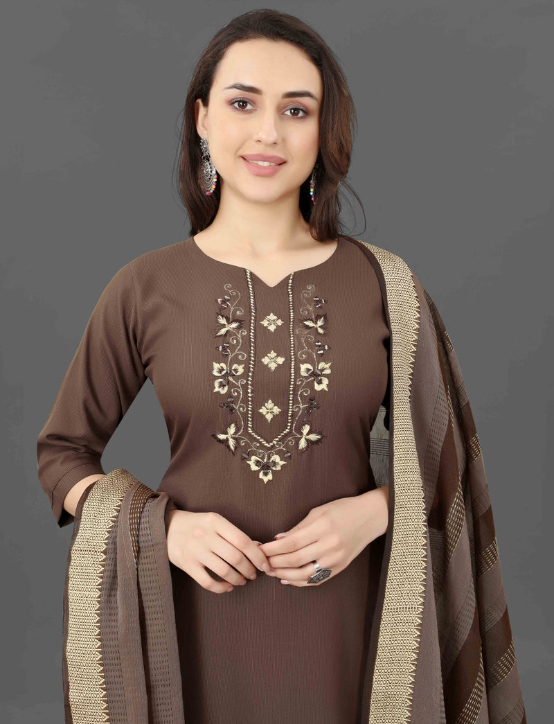 Cotton Blend Brown Kurta Set with Dupatta