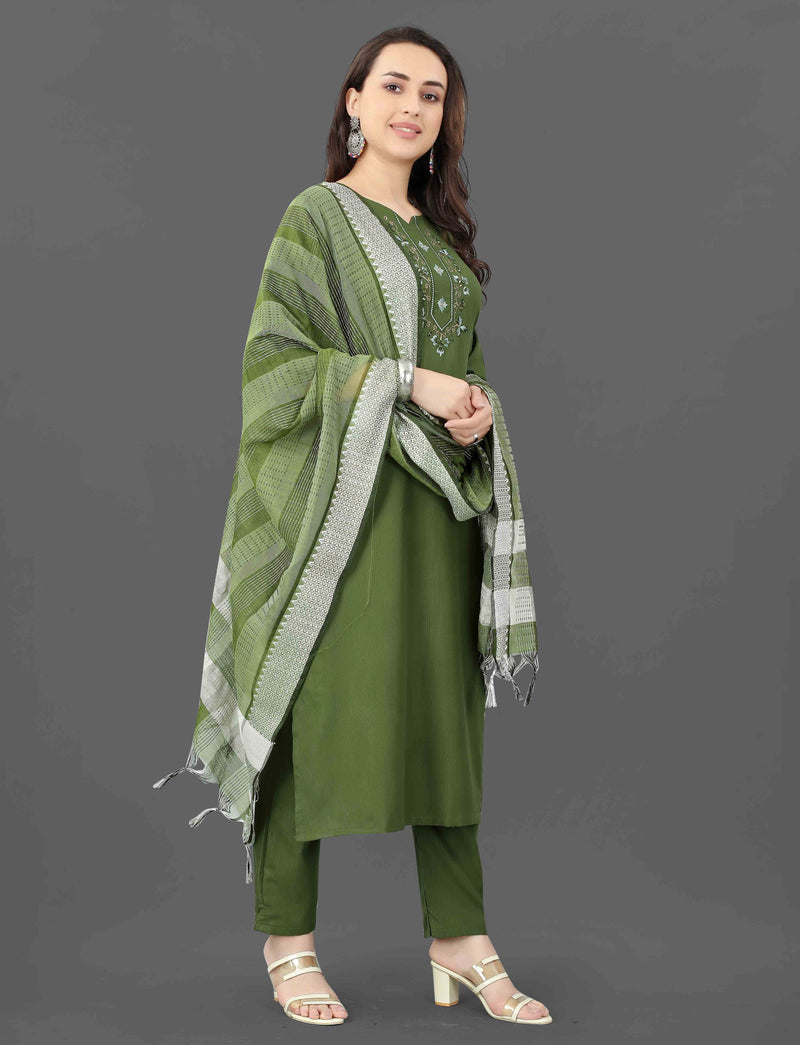 Cotton Blend Mehndi Kurta Set with Dupatta