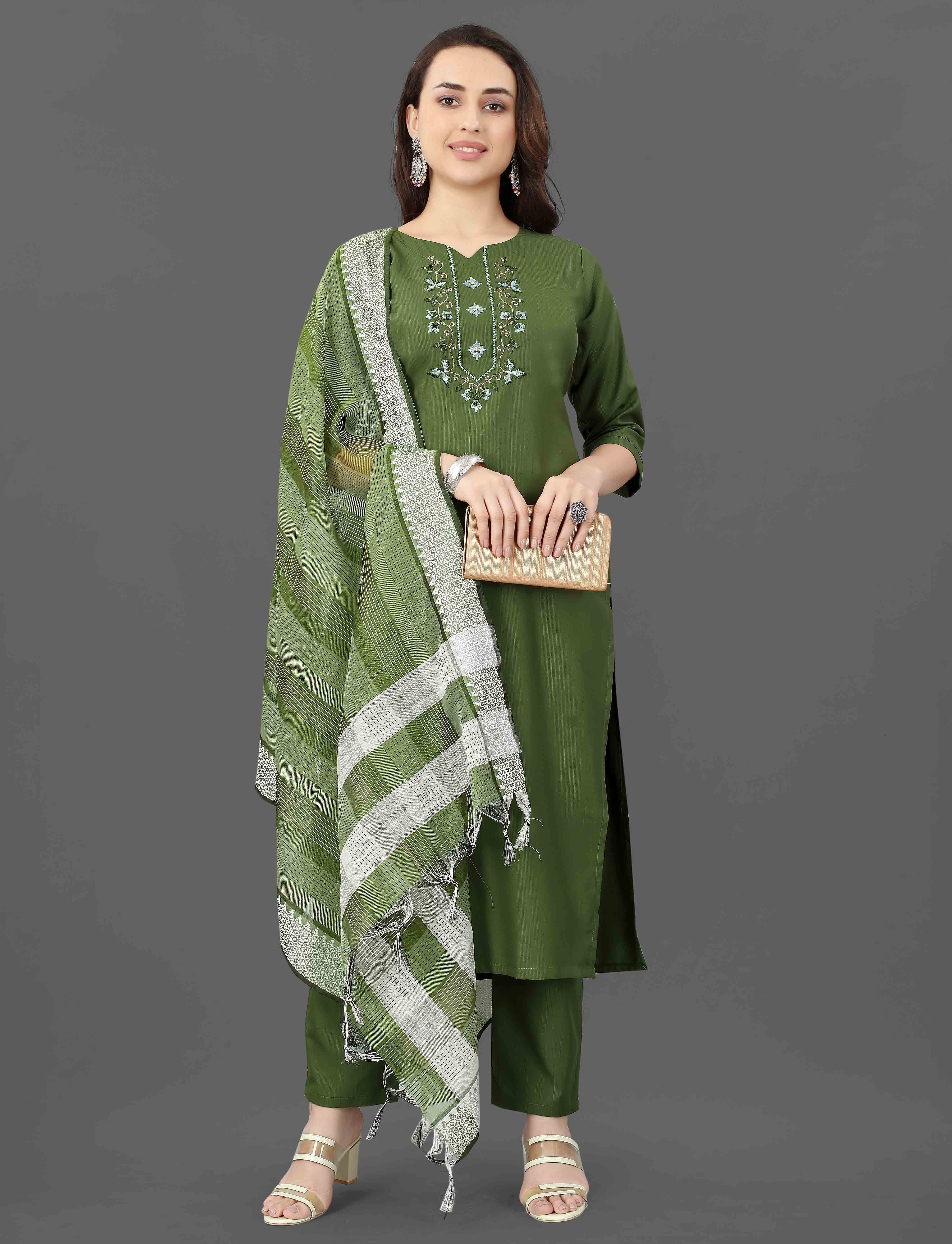 Cotton Blend Mehndi Kurta Set with Dupatta