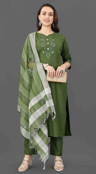 Cotton Blend Mehndi Kurta Set with Dupatta