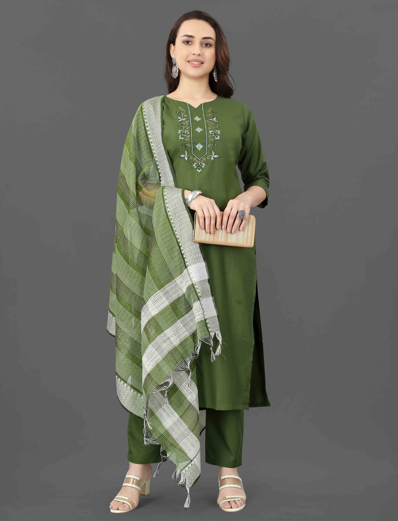 Cotton Blend Mehndi Kurta Set with Dupatta