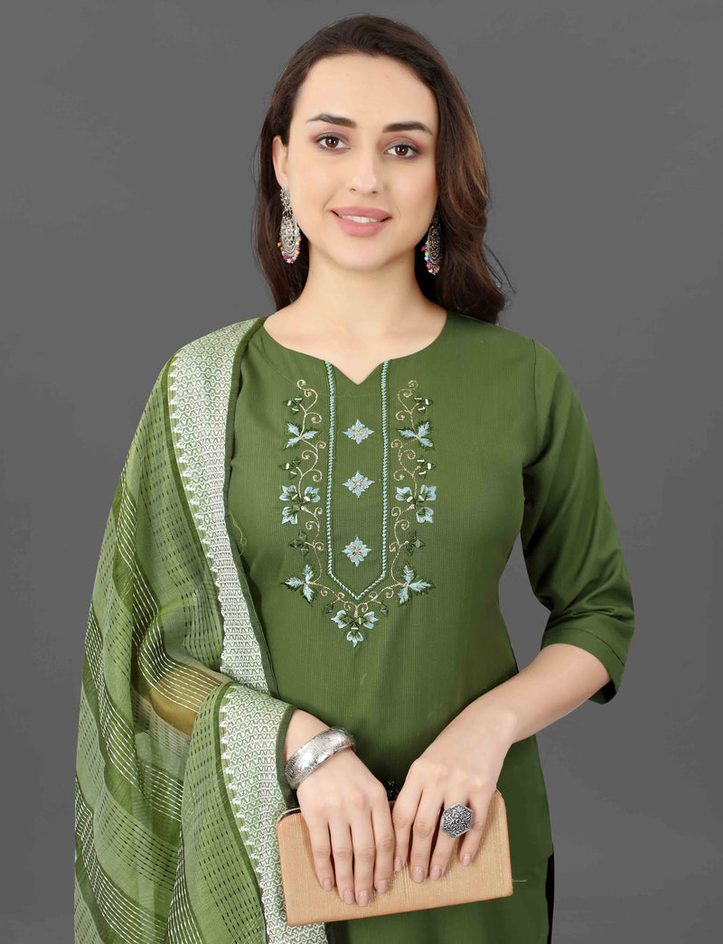 Cotton Blend Mehndi Kurta Set with Dupatta