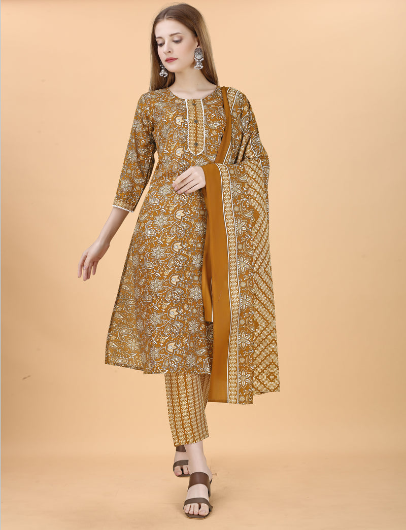 Cotton Blend Yellow Kurta Set with Dupatta