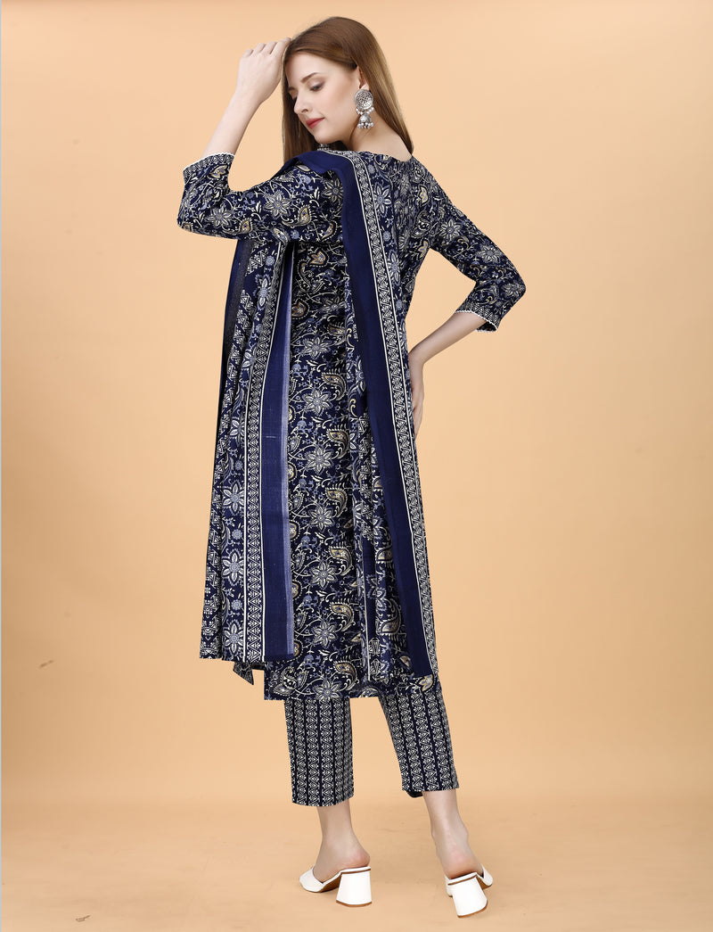 Cotton Blend Navy Blue Kurta Set with Dupatta