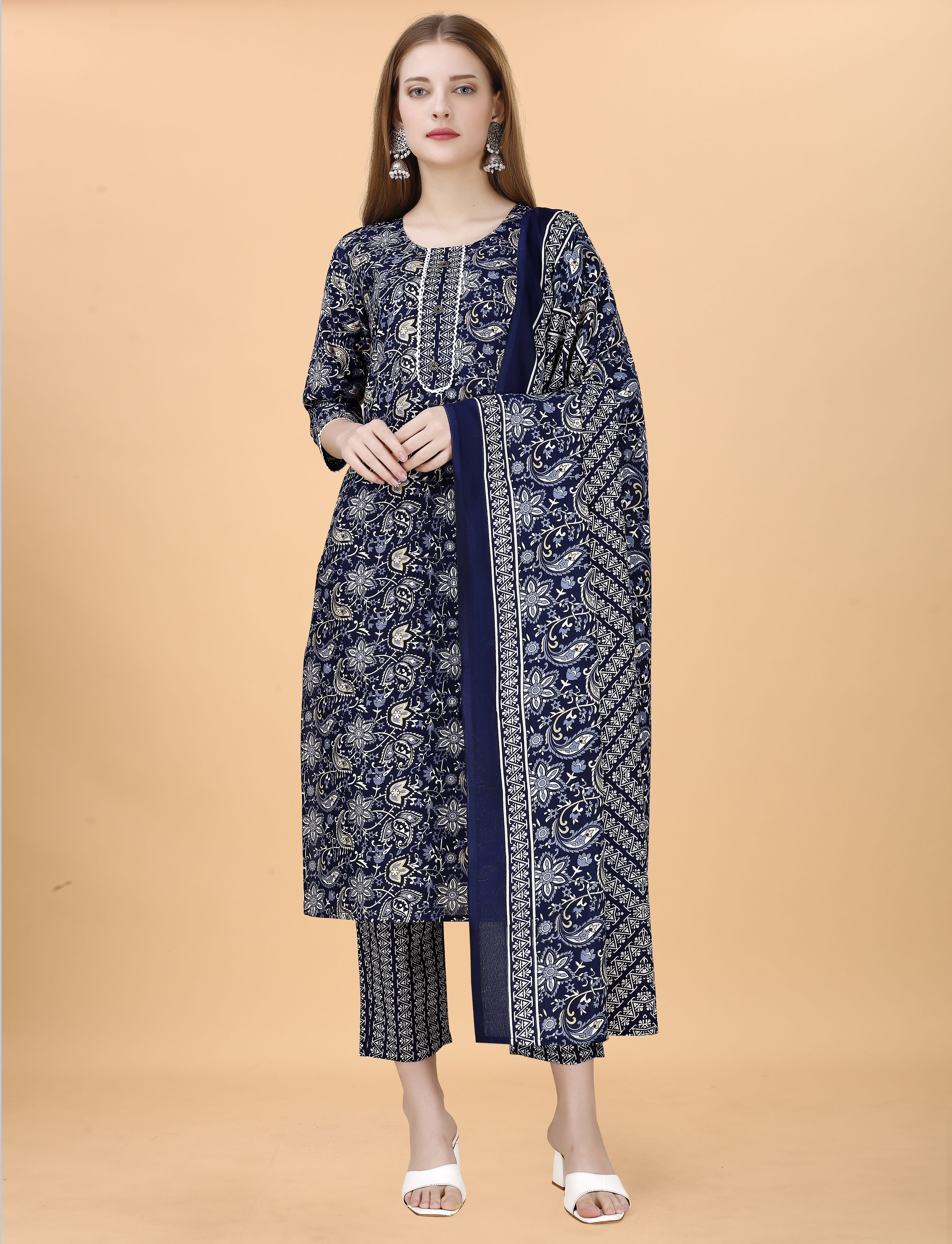 Cotton Blend Navy Blue Kurta Set with Dupatta