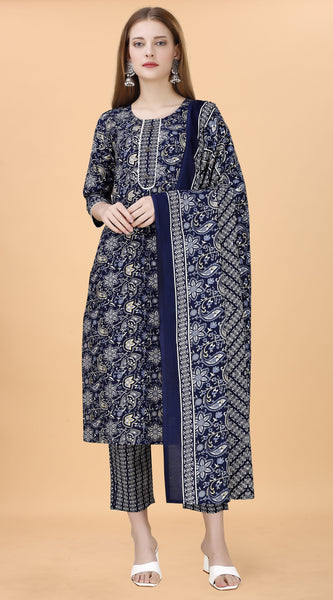 Cotton Blend Navy Blue Kurta Set with Dupatta