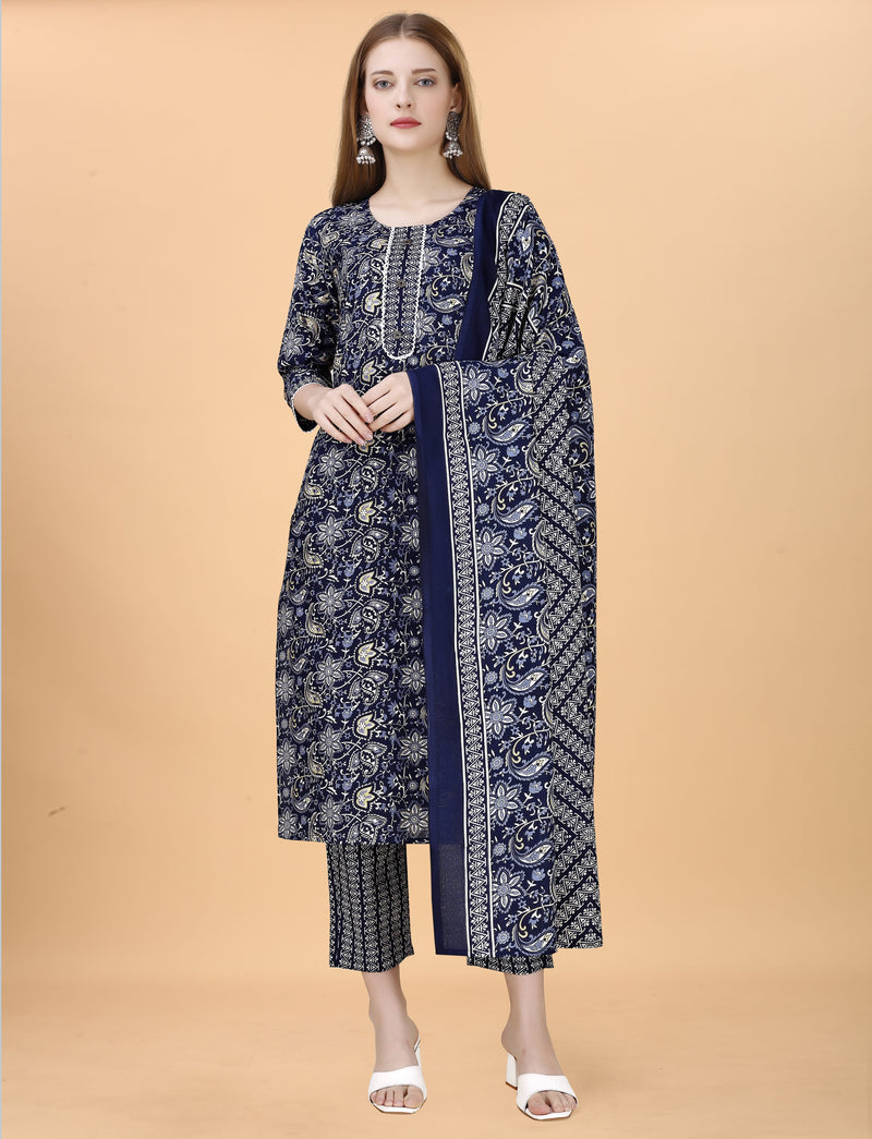 Cotton Blend Navy Blue Kurta Set with Dupatta