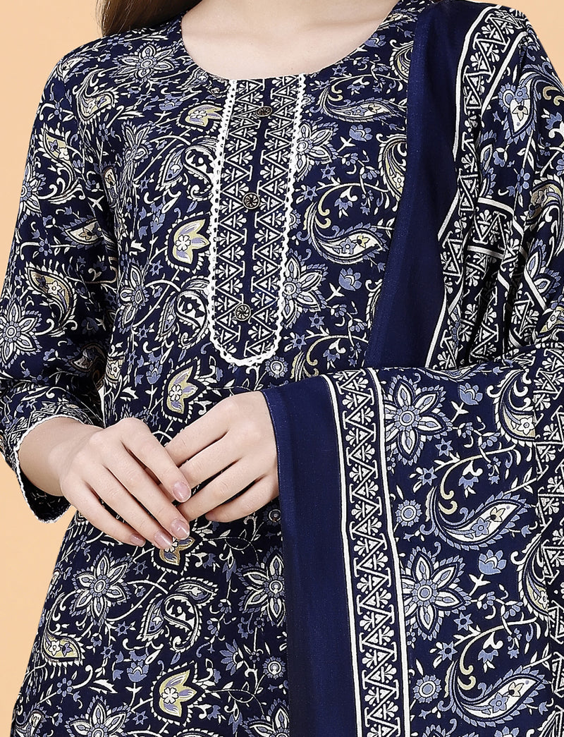 Cotton Blend Navy Blue Kurta Set with Dupatta