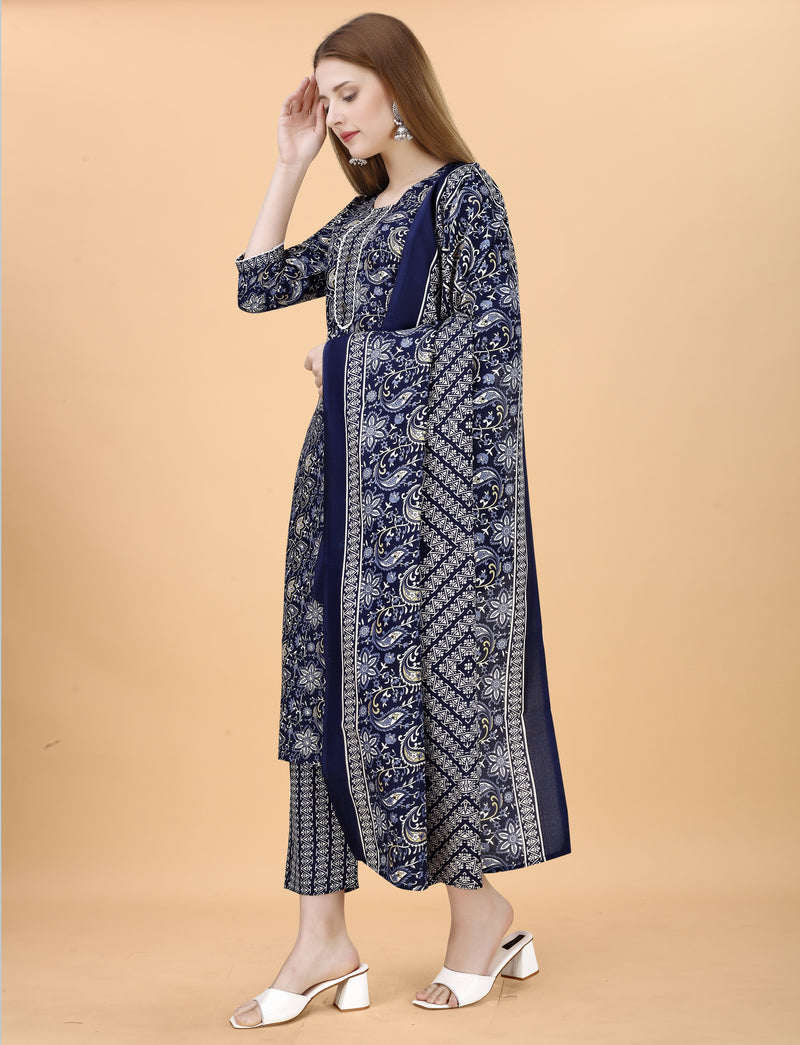Cotton Blend Navy Blue Kurta Set with Dupatta
