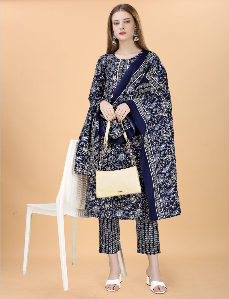 Cotton Blend Navy Blue Kurta Set with Dupatta
