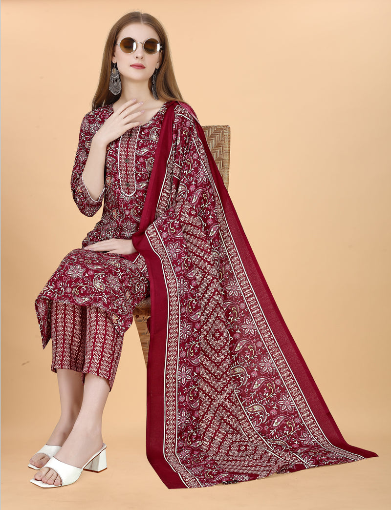Cotton Blend Maroon Kurta Set with Dupatta