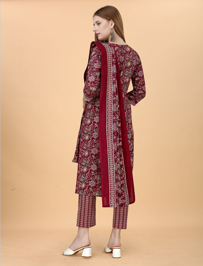 Cotton Blend Maroon Kurta Set with Dupatta