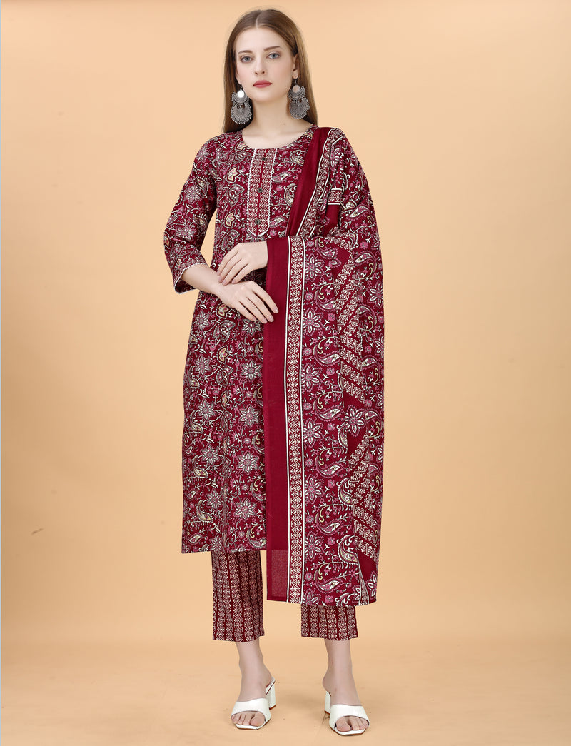 Cotton Blend Maroon Kurta Set with Dupatta