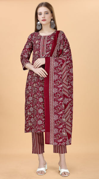 Cotton Blend Maroon Kurta Set with Dupatta