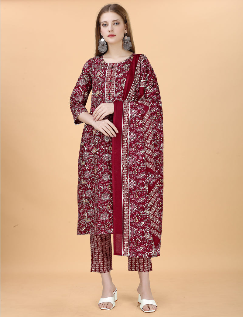 Cotton Blend Maroon Kurta Set with Dupatta