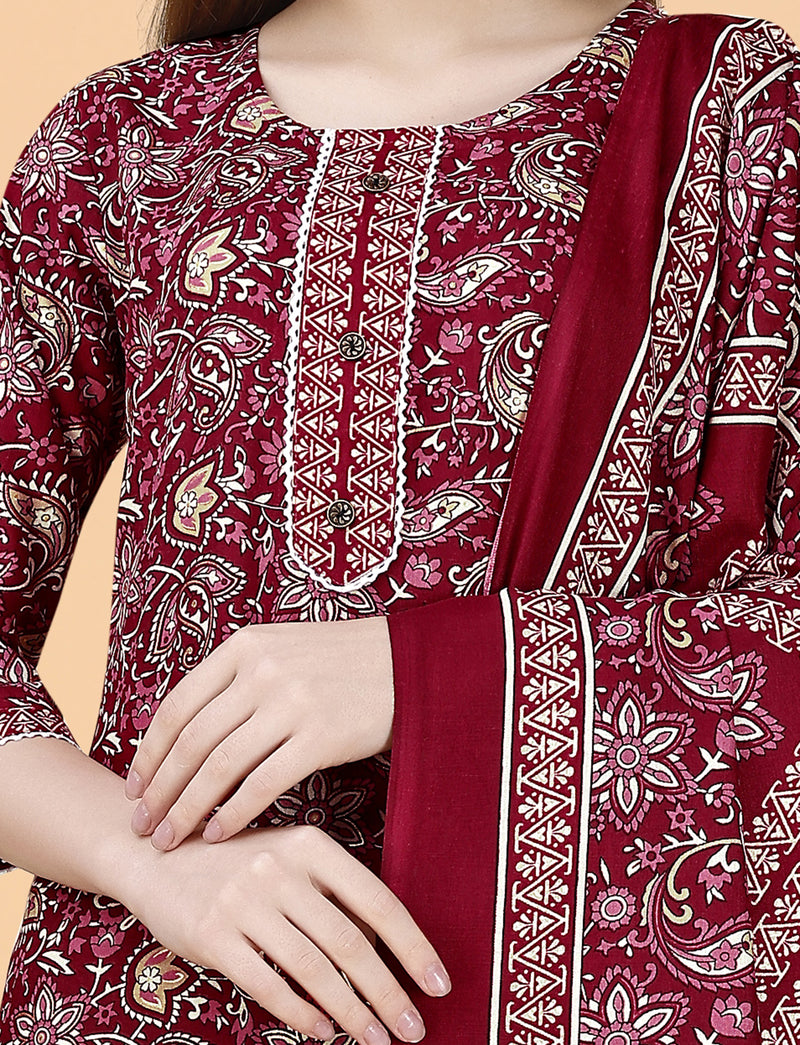 Cotton Blend Maroon Kurta Set with Dupatta