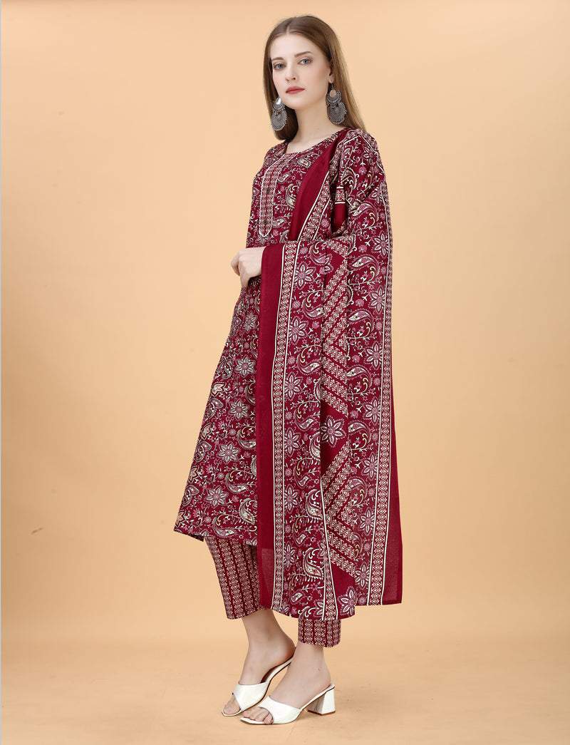 Cotton Blend Maroon Kurta Set with Dupatta