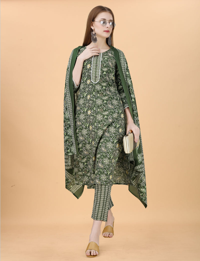 Cotton Blend Green Kurta Set with Dupatta