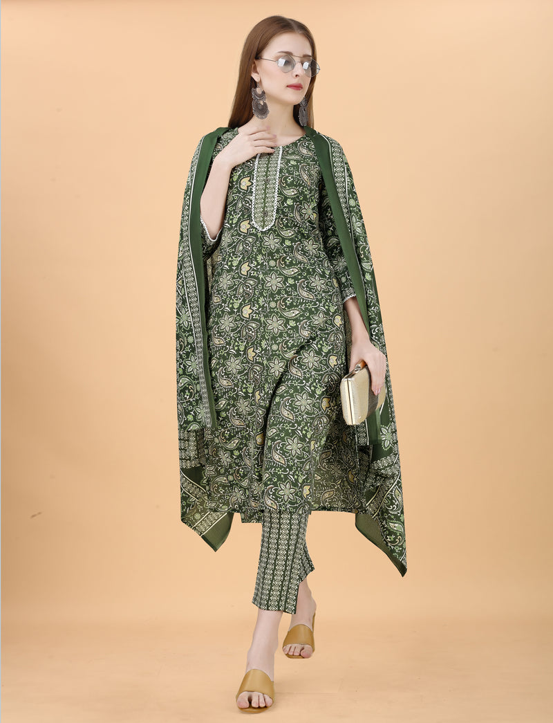 Cotton Blend Green Kurta Set with Dupatta