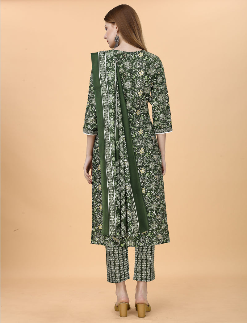 Cotton Blend Green Kurta Set with Dupatta