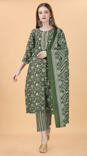 Cotton Blend Green Kurta Set with Dupatta
