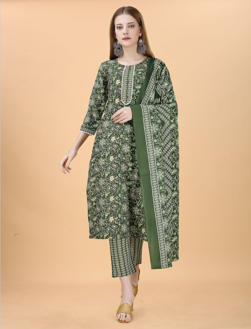 Cotton Blend Green Kurta Set with Dupatta