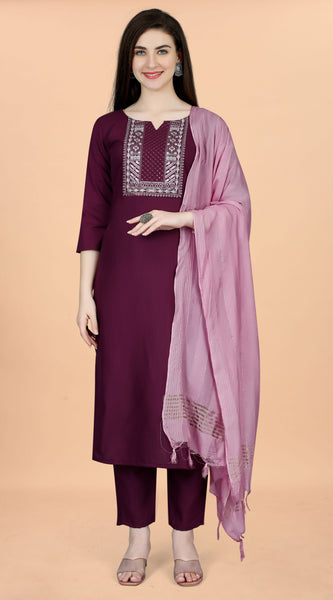 Cotton Blend Purple Kurta Set with Dupatta