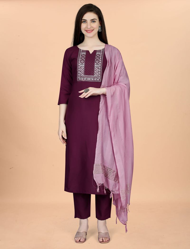 Cotton Blend Purple Kurta Set with Dupatta