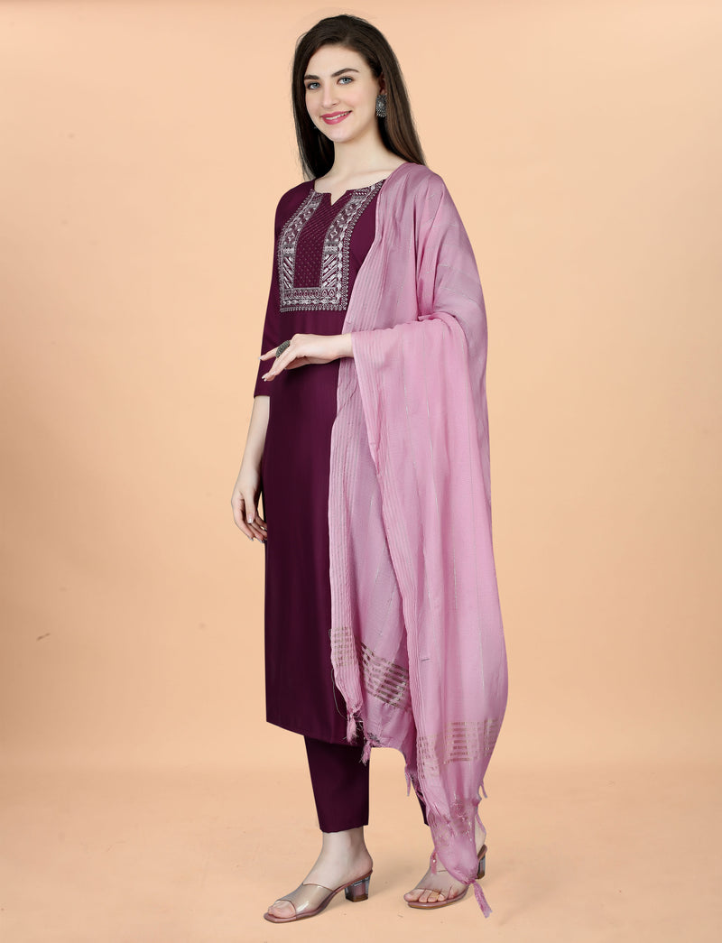 Cotton Blend Purple Kurta Set with Dupatta