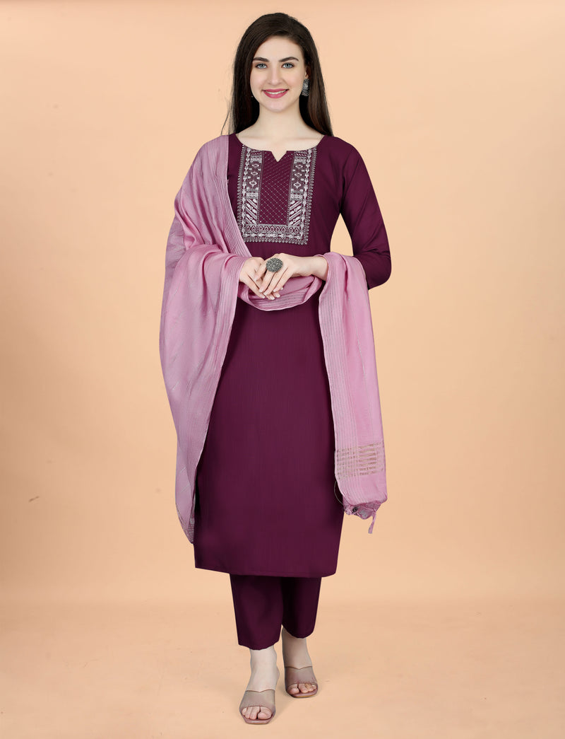 Cotton Blend Purple Kurta Set with Dupatta
