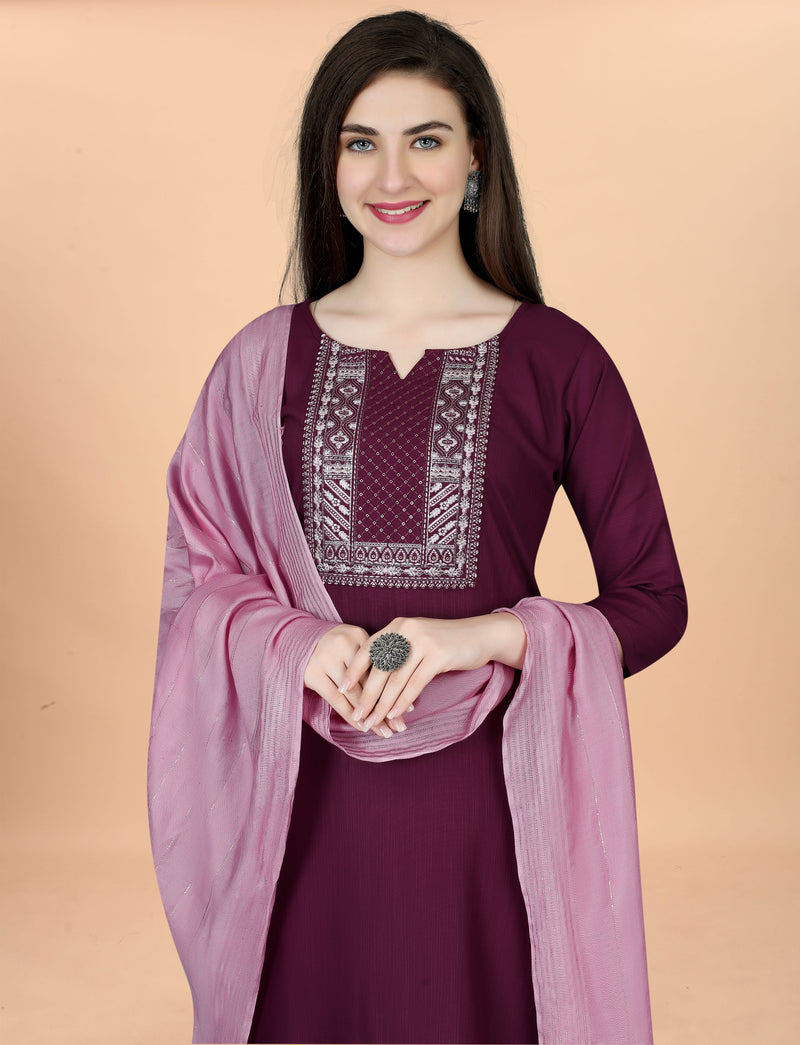 Cotton Blend Purple Kurta Set with Dupatta