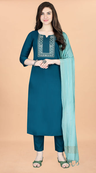 Cotton Blend Indigo Kurta Set with Dupatta