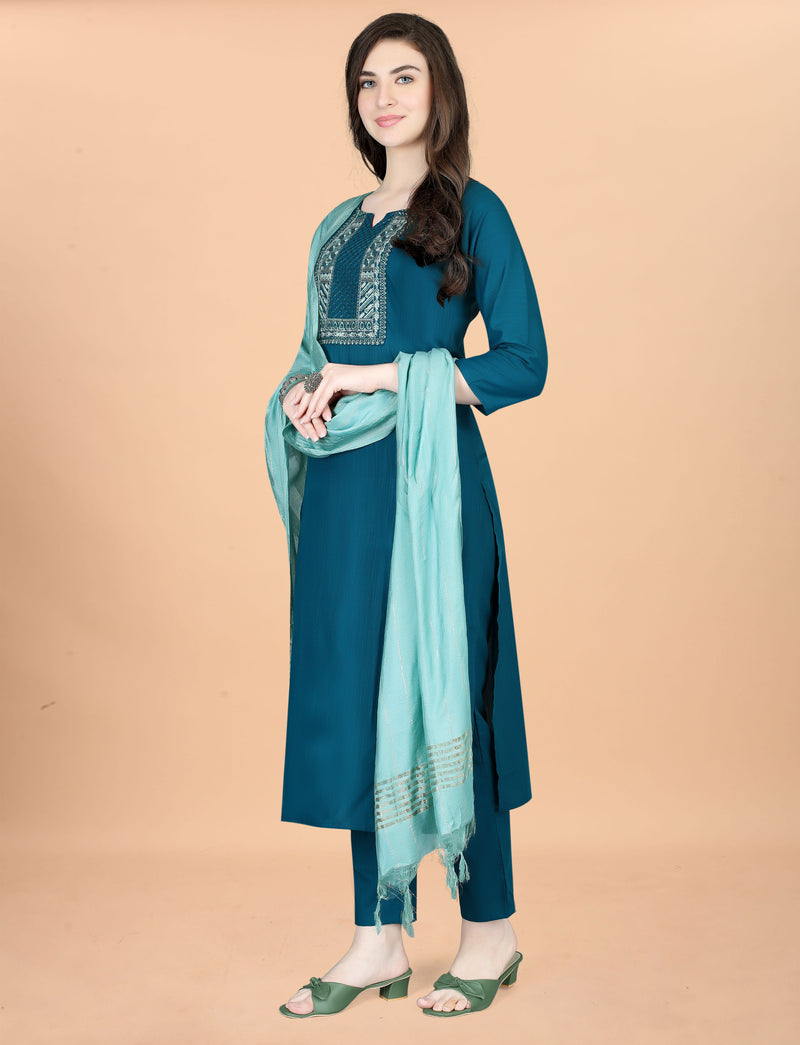 Cotton Blend Indigo Kurta Set with Dupatta