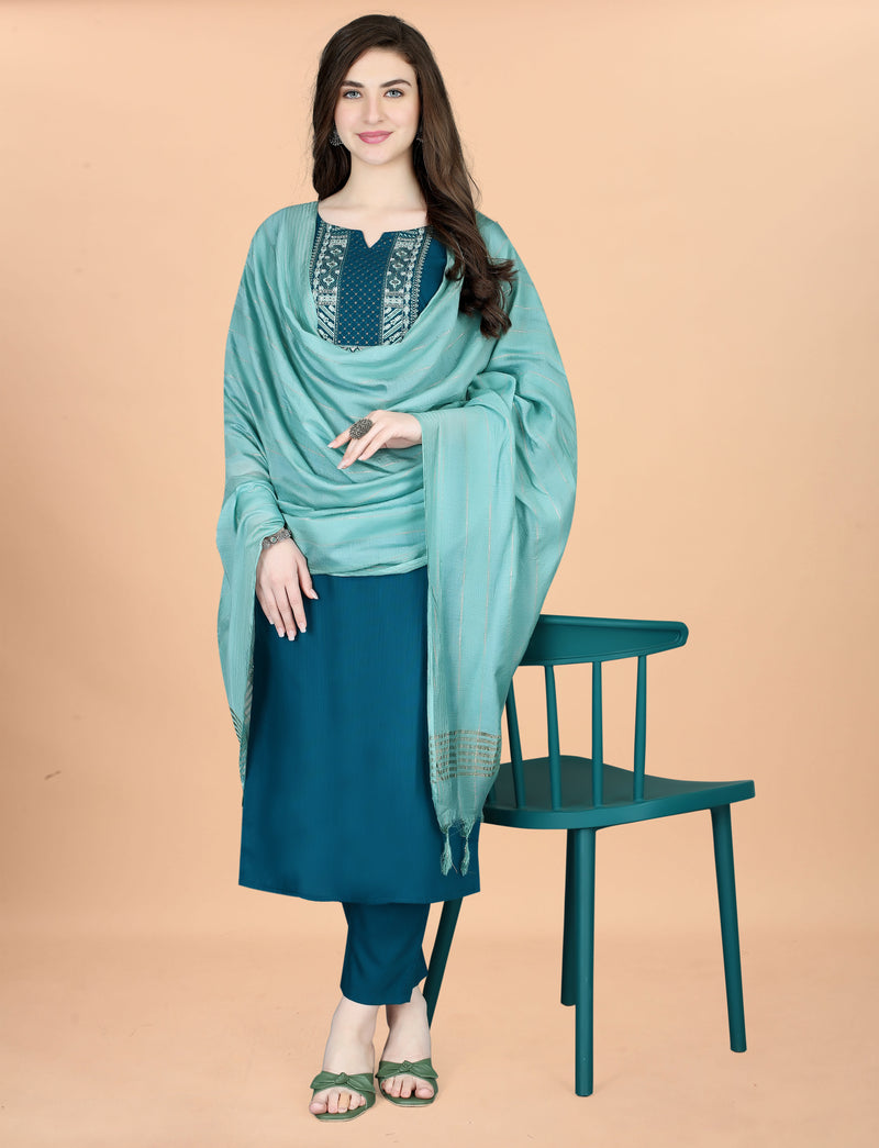 Cotton Blend Indigo Kurta Set with Dupatta