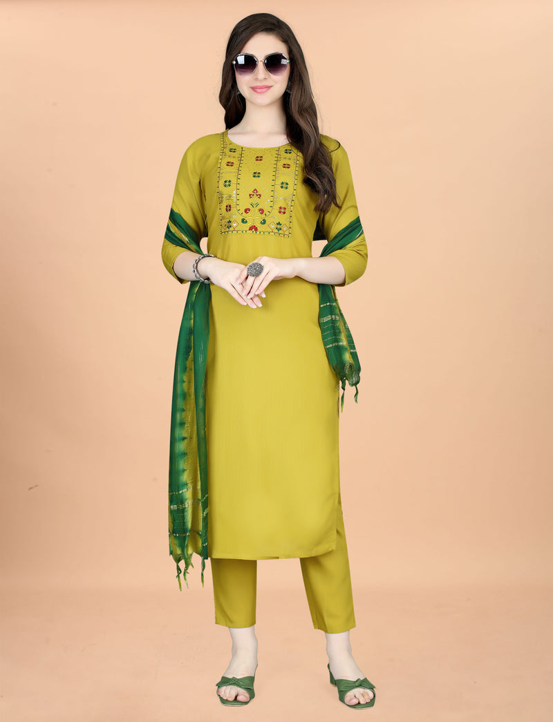Cotton Blend Yellow Kurta Set with Dupatta