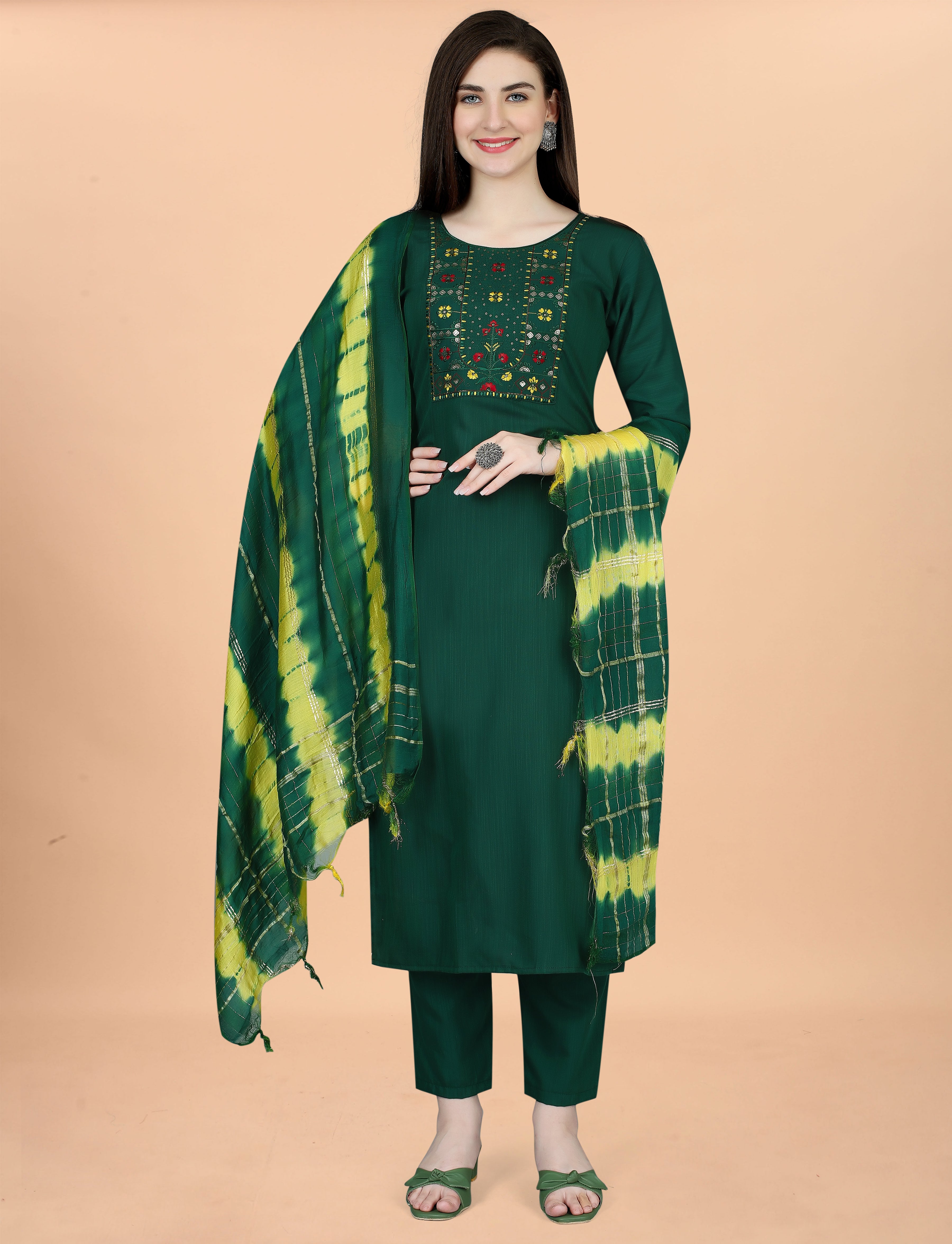 Cotton Blend Green Kurta Set with Dupatta