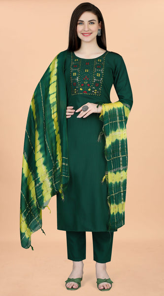 Cotton Blend Green Kurta Set with Dupatta